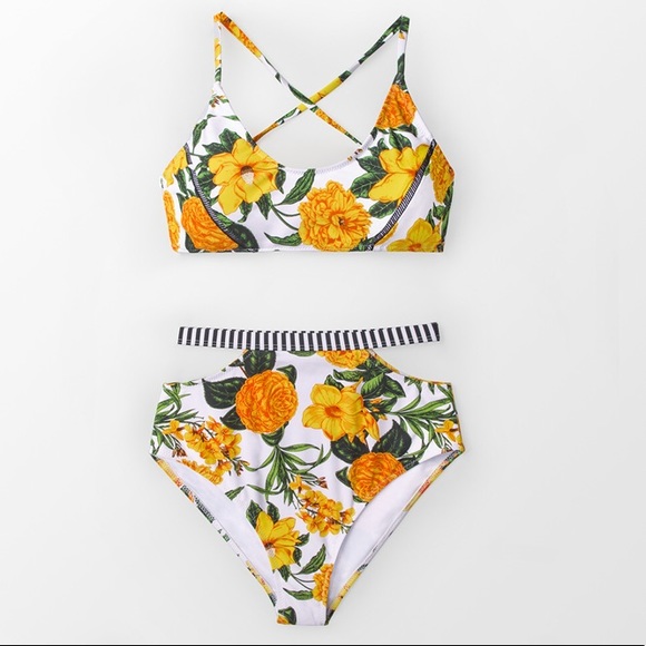 Yellow Floral Striped High Waist Bikini Swimsuit - Picture 3 of 8